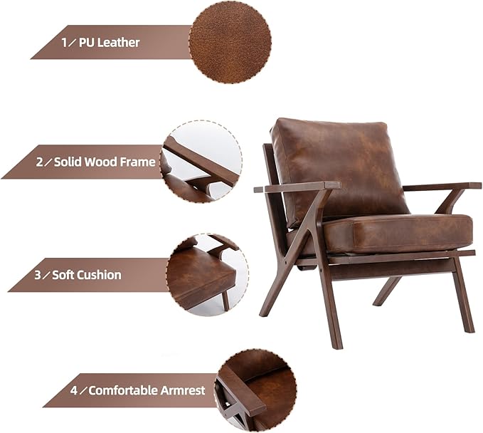 INZOY Mid-Century Modern Accent Chair Set of 2, PU Leather Living Room Chair and Soft Thick Padded Armchair for Living Room Bedroom Reception with Removable Upholstered Cushions, Reddish Brown