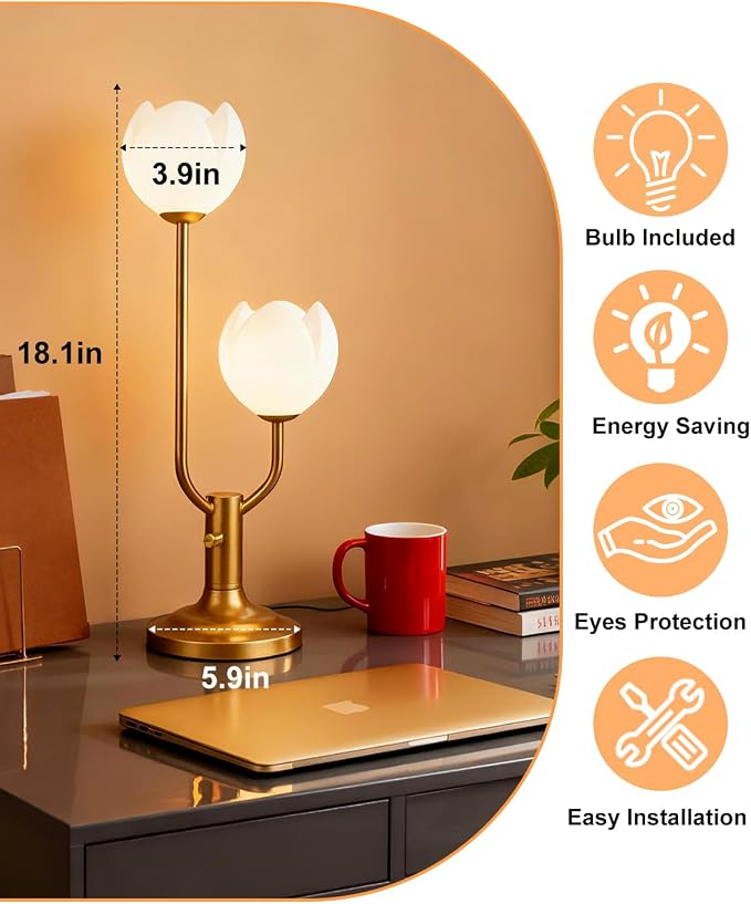 Lightdot Gold Flower Table Lamp for Bedroom, 2 Floral Heads 3000K Warmwhite Dimmable Bedside Lamps with Plug, Mid Century Modern Small Desk Lamp for Living Room Nightstands Home Office
