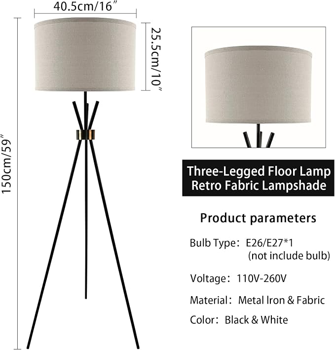 Tripod Lamps for Living Room, Mid Century Floor Lamp with Beige Drum Shade, Standing Lamps for Living Room, Bedroom, Office(Bulb Not Included)