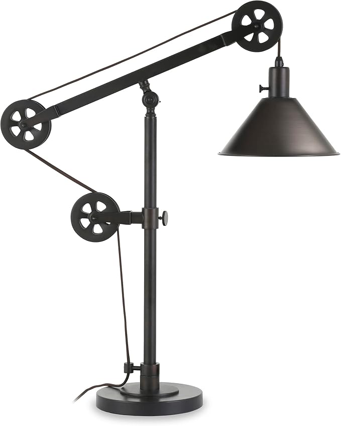 Henn&Hart 29" Mid-Century Modern Pully System 1-Light Table Lamp with 8" Black Metal Cone Shade for Living Room, Bedroom, or Office, Black