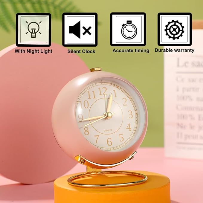 SHISEDECO Small Tableclocks Classic Non-Ticking Tabletop Alarm Clock with Backlight, Battery Operated Astronaut Deskclock with HD Glass for Living Room Bedroom Bedside Indoor Decor (Pink)