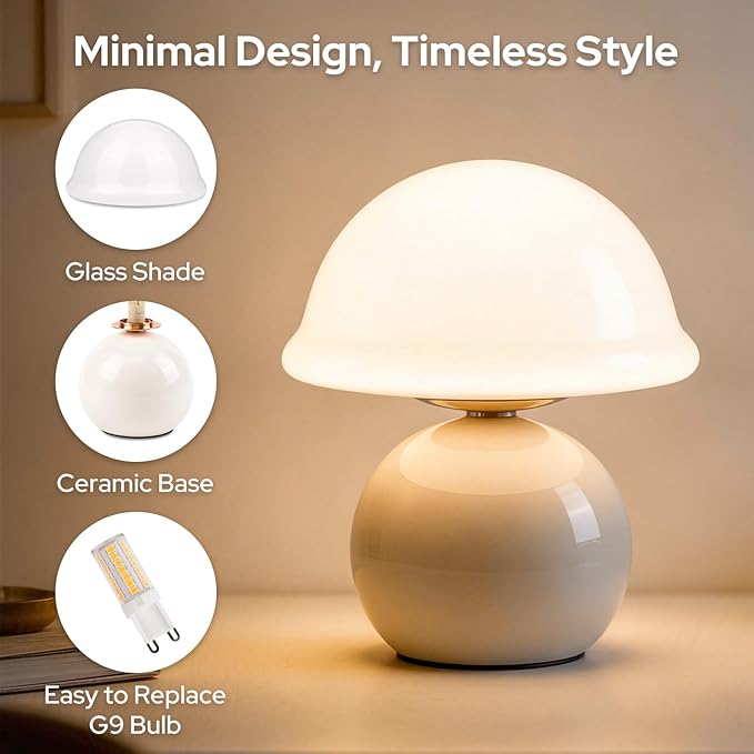 Mushroom Table Lamp for Bedroom, Cozy Bedside Lamp with Glass Shade, Stepless Dimmable Nightstand Lamp for Relaxing Bedroom Decor & Aesthetic Home (White)