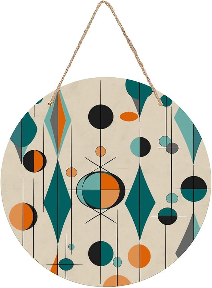 MUSM Round Mid Century Geometric Wall Art Painting Wooden Rustic Wall Decor Hanging Decorative Wood Plaque with Ropes Vintage Hanging Sign Gift for Living Room Outdoor 7.9 * 7.9 in