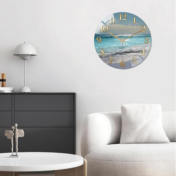16 Inch Ocean Beach Glass Wall Clock Silent Coastal Art Decor | Silent glossy wall clock featuring a stunning ocean beach scene, perfect for adding a coastal vibe to living room or bedroom