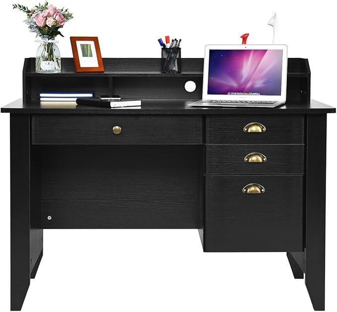 Catrimown Computer Desk with Drawers and Hutch, Vintage Wood Home Office Desk Writing Study Teens Student Desk PC Laptop Table, for Small Spaces, Black