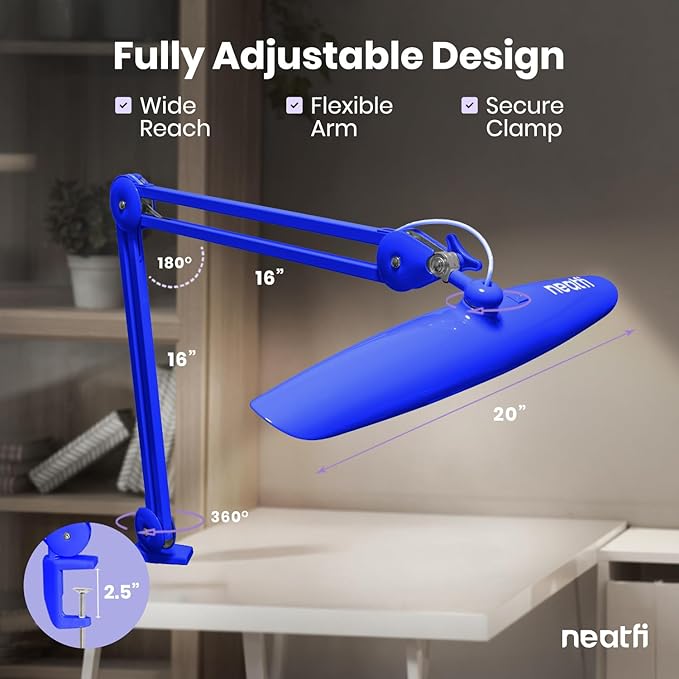 Neatfi XL Nail Desk Lamp with Clamp, 2200 Lumens, 20-Inch Wide Head, Dimmable 4 Levels, 6500K, LED Task Light for Manicure Table, Crafts, Workbench, Office (Non-CCT, Sapphire Blue)