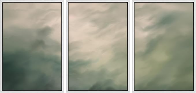 MUDECOR Framed Wall Art Print Set Soft Green Cloudscape Tranquil Abstract Nature Illustrations Modern Art Boho Decorative Colorful Chic for Living Room, Bedroom, Office - 24"x36"x3 White