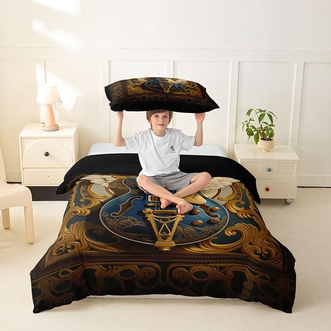 Erosebridal Guitar Bedding Set Twin for Men Adults - Retro Baroque Rock Style Duvet Cover Luxury Angel Wings Guitar Comforter Cover,Rock Roll Music Aesthetic Bed Set