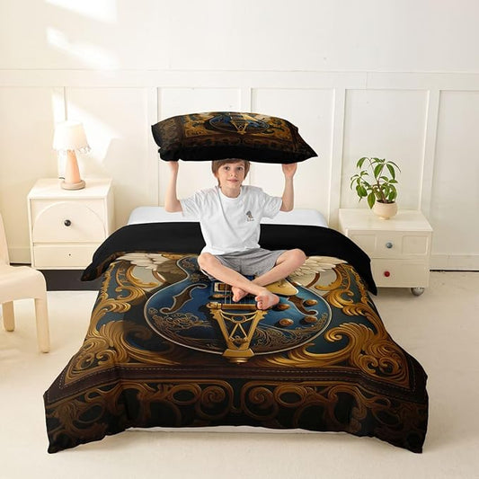 Erosebridal Guitar Toddler Bedding Set for Men Adults - Retro Baroque Rock Style Duvet Cover Luxury Angel Wings Guitar Comforter Cover,Rock Roll Music Aesthetic Bed Set