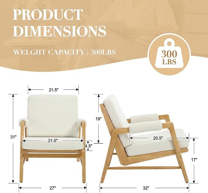 CIMOTA Mid Century Modern Accent Chair, Linen Upholstered Living Room Chairs with Arms, Comfy Reading Chair with Solid Wood Frame, High Back for Bedroom, Waiting Room, Office, Beige