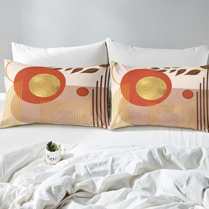 Erosebridal Beige Brown Abstract Boho Duvet Cover Full Size Minimalist Aesthetic Neutral Comforter Cover Mid Century Modern Bedding Set Botanical Leaves Geometric Bed Set