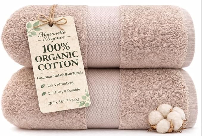 Maisonette Elegance 100% Organic Cotton Turkish Bath Towels, Soft & Absorbent, Ideal Quick Dry Large Luxury Bathroom Towel Set for Shower (30" x 58", 2 Pack) - Light Brown (Dune)