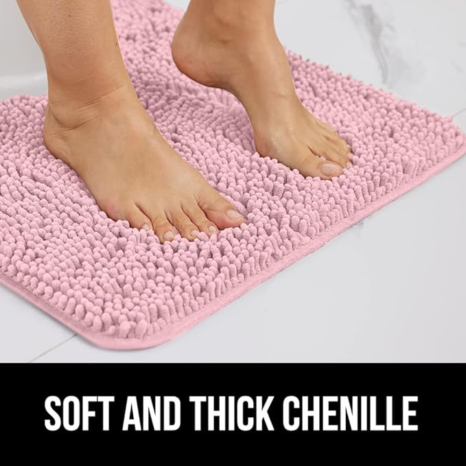 GORILLA GRIP Bath Rug Mat, Thick Soft Absorbent Chenille, Quick Dry Microfiber Mats, Rubber Backing Washable Shower Floor Rugs, US Designed Bathroom Bathmat Home Decor Accessories, 24x17 Light Pink