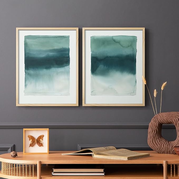 Renditions Gallery Set of 2 Peel & Stick Framed Prints, Tie Dye Abstract Wall Art, Sage Green Watercolor Horizon Wall Decor, Re-Stickable - Ready to Hang - 22"x28" - NATURAL WOOD Frame LT588