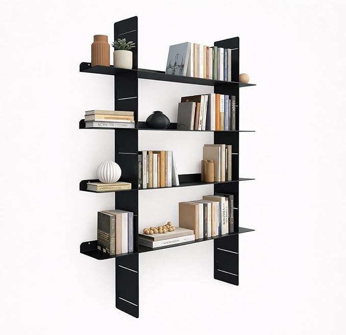 4 Tier Floating Wall Shelf, Metal Wall Mounted Book Shelf, Easy Install Metal Shelf, Heavy Duty Display Rack for Books, Decor, Bedroom, Living Room, Office (Black)
