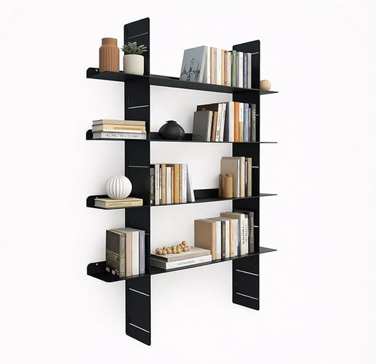 4 Tier Floating Wall Shelf, Metal Wall Mounted Book Shelf, Easy Install Metal Shelf, Heavy Duty Display Rack for Books, Decor, Bedroom, Living Room, Office (Black)