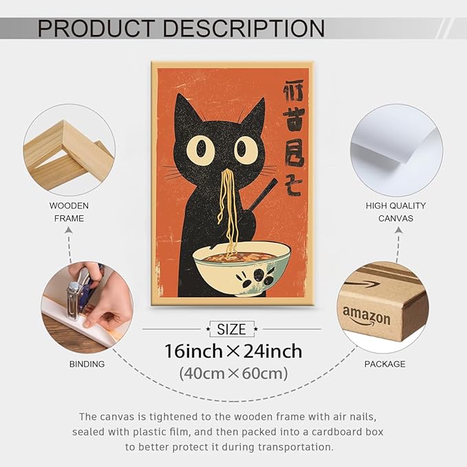 Funny Black Cat Eat Ramen Noodles Poster Vintage Japanese Kitchen Food Wall Art 16X24 inch Framed Whimsical Cute Animal Canvas Prints for Restaurant Wall Decor