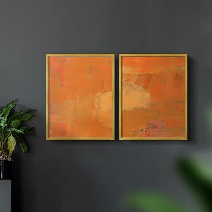 Renditions Gallery Set of 2 Peel & Stick Framed Prints, Abstract Wall Art, Rustic Fain Marking with Brush Strokes Wall Decor, Re-Stickable - Ready to Hang - 11"x14" - GOLD Frame LT588