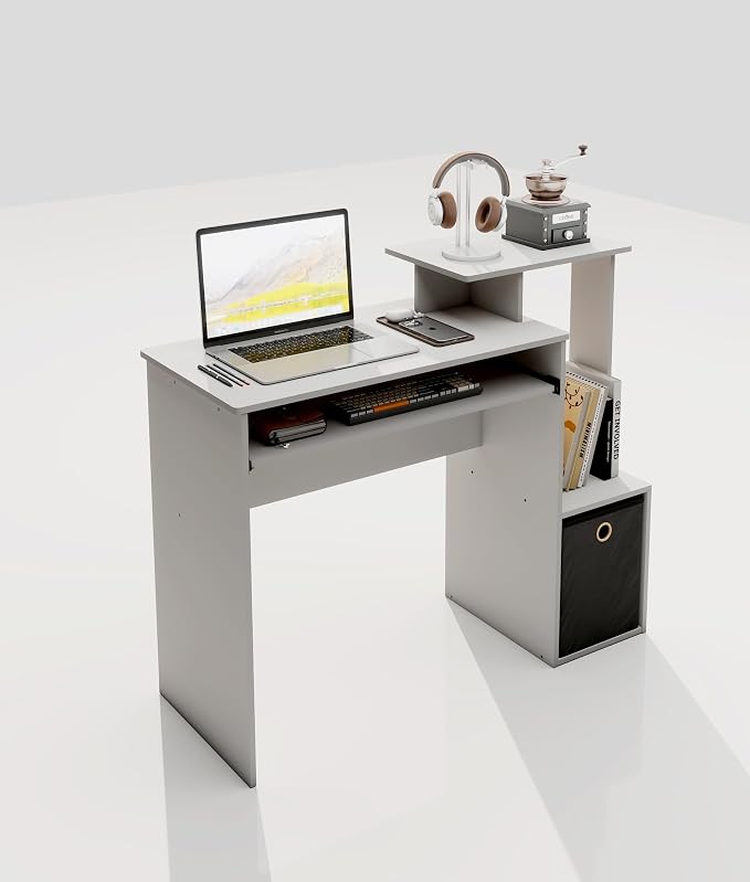 White Computer Desk with Drawers, Small Writing Desk with Storage Shelves for Home Office Bedroom Study Living Room