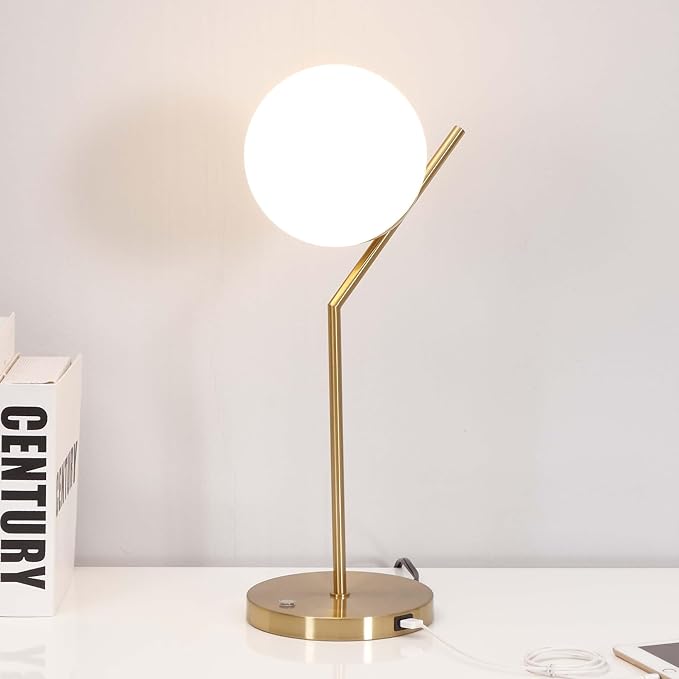 Ozarke Touch Glow Mid Century Modern Control Globe Table Lamp with USB Charging Port for Home Decor, Bedrooms, Living Room & Office, ETL Listed Dimmable Warm 2700K - Brass Gold