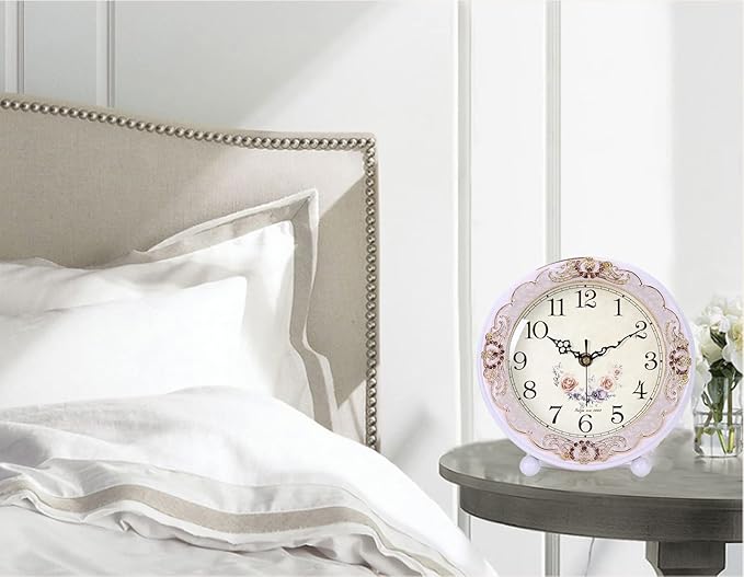 Justup Vintage Wooden Table Clock, Retro Non-Ticking European Style Beside Mantle Desk Clock Battery Operated Silent Quartz Movement for Bedroom Living Room Indoor Decor (White-Rose)