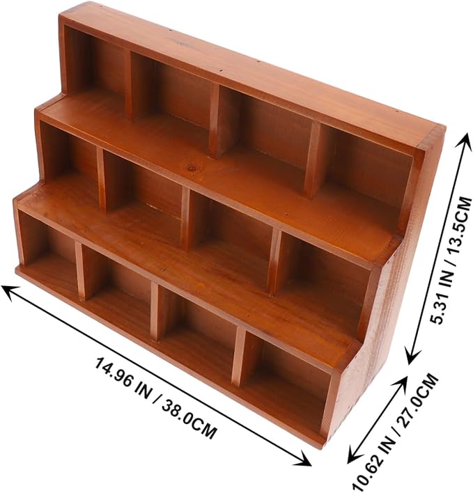 Cabilock Creative Vintage Wooden Desktop Organizer Rack with Multi Storage Stylish Wall Hanging Display Case for Home and Office Elegant Trapezoidal Design with Compartments