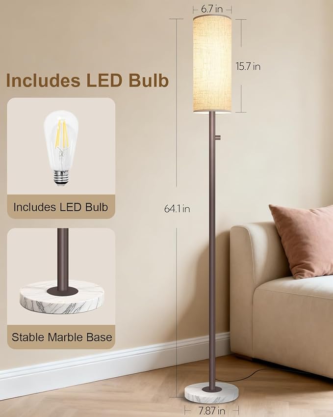 Dimmable Floor Lamp for Living Room,Modern Standing Lamp with Marble Base,LED Bulb Included,Floor Lamps for Bedroom, Living Room,Office,Reading and Kid Room