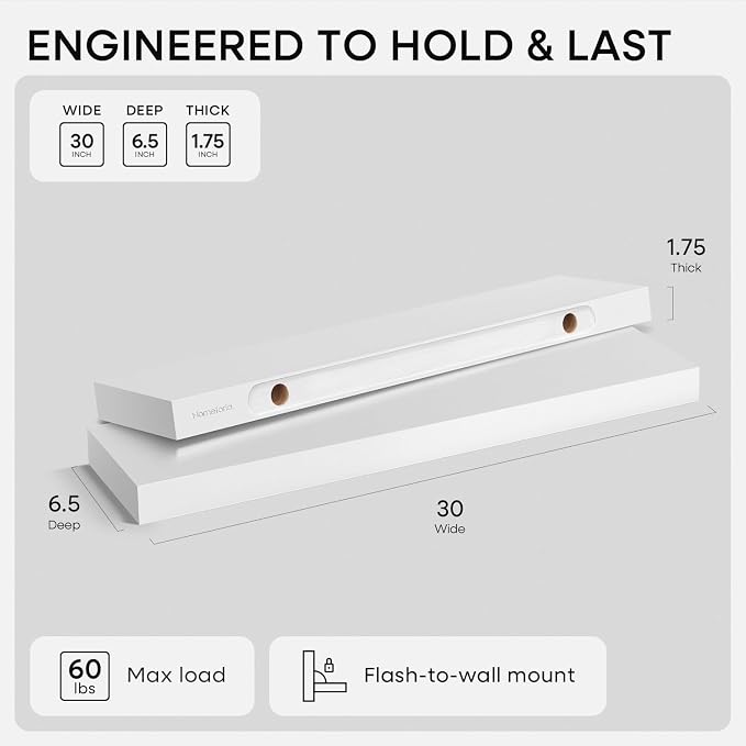 Homeforia White Floating Shelves 30 inch, High End Solid Real Wood 30inch Floating Shelf for Wall Mounted, White Wooden 30in Long Floating Shelves, Heavy Duty Bracket, 30 X 6.5 X 1.75 inches, Set of 3