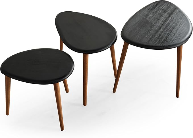 Solid Wood Nesting Coffee Table Set of 3 - Mid Century Modern Pebble Tables with Tapered Legs – Wooden Home Furniture in a Retro Style (Black)