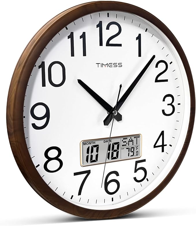 TIMESS Wall Clock, Classic Wood Style Finish, 16 Inch Non-Ticking Silent Battery Operated Quartz Analog with Perpetual Calendar and F° Temperature Display, Home, Office Décor (Wood Brown)