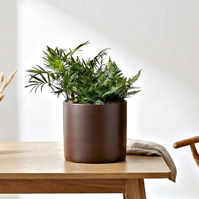 Coffee Metal Plant Pot with Drainage Hole,7 Inch Mid Century Modern Small Pot Indoor Outdoor Planters for Succulents, Flowers & Home Decor Gift Window Living Room Bedroom