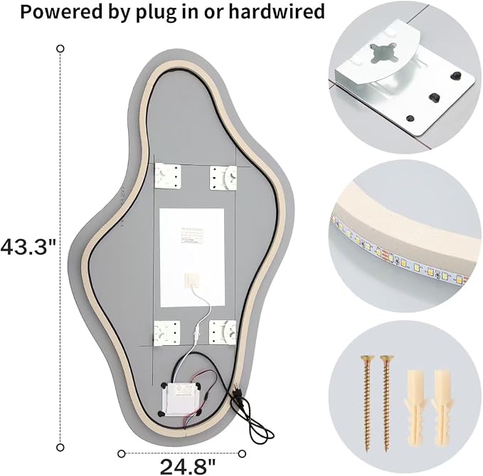 Modern Irregular LED Bathroom Mirror with Lights, Asymmetrical Frameless Smart Lighted Wall Mirror for Living Room Entryway, Large Decorative Makeup Vanity Mirror with Touch Switch(24.8″x43.3″)