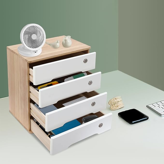 Wooden Desk Organizer with Drawers & Lock Desktop Storage Cabinet Tabletop Organizing Unit for Home Office Supplies File Stationery Jewelry (Light Brown, 4 Tiers)