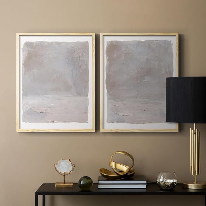 Renditions Gallery Set of 2 Peel & Stick Framed Prints, Watercolor Abstract Wall Art, Neutral Tones Textured Brushstrokes Wall Decor, Re-Stickable - Ready to Hang - 11"x14" - NATURAL WOOD Frame LT588