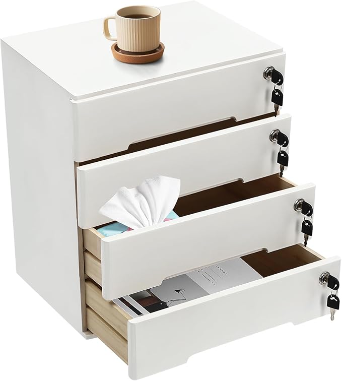 Desktop File Organizer with Lock, 2/3/4 Tier Multi-Drawer Wooden Storage Cabinet, Office Supply Organizer for Home Desk, Study & Workplace (White, 4 Layers)