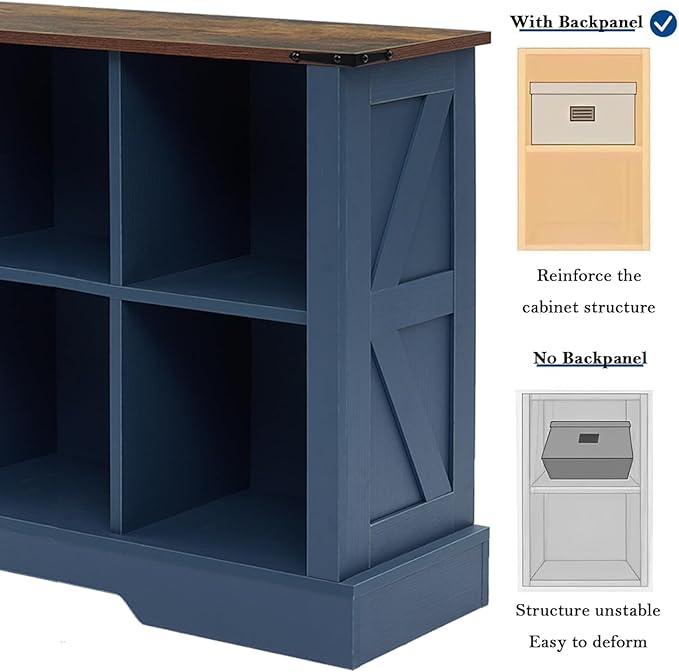 6 Cube Storage Organizer, 2 Tier Book Shelf with Led Lights, Farmhouse Book Shelves for Living Room, Horizontal Toy Storage Bookshelf, Wood Display Bookcase Cabinet for Bedroom, Office, Blue