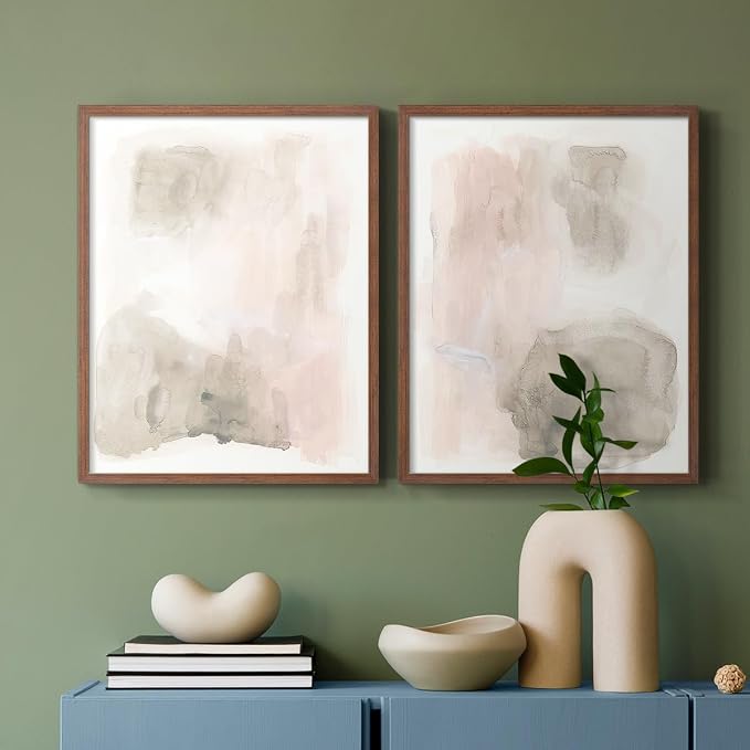Renditions Gallery Set of 2 Peel & Stick Framed Prints, Watercolor Abstract Wall Art, Nude Color Neutral Aesthetic Wall Decor, Re-Stickable - Ready to Hang - 22"x28" - Walnut Frame LT588