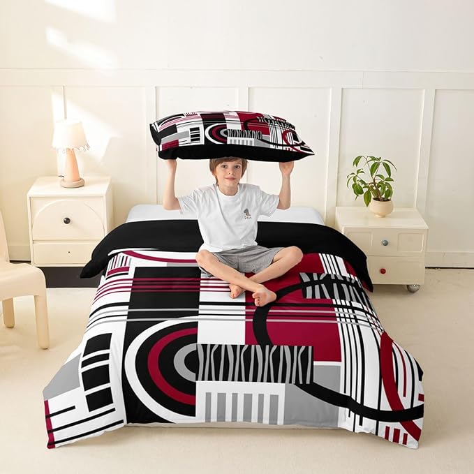 Erosebridal Art Deco Mid Century Duvet Cover Set Retro Modern Abstract Geometric Twin Bedding Sets for Girls Toddler Boys Black and White Burgundy Circles Stripes Comforter Cover Contemporary Bed Set