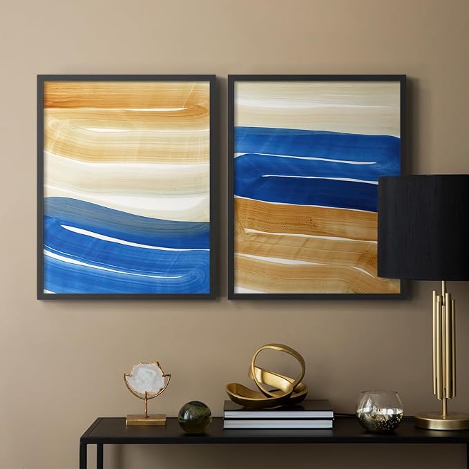 Renditions Gallery Set of 2 Peel & Stick Framed Prints, Abstract Wall Art, Blue and Gold Wave Textured Background Wall Decor, Re-Stickable - Ready to Hang - 16"x20" - Black Frame LT588