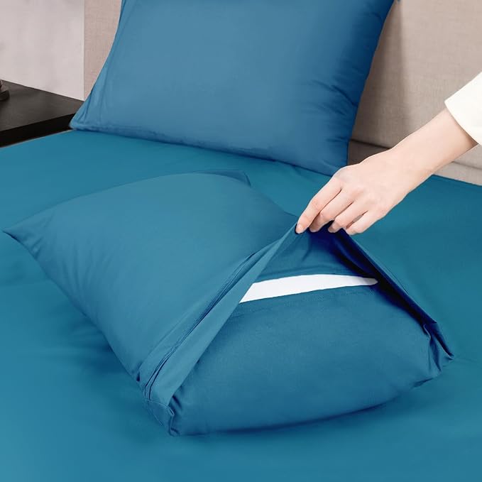 Mejoroom King Size Bed Sheet Set - Hotel Luxury 1800 Bedding Sheets & Pillowcases - 16" Deep Pocket Fitted Sheet, Soft, Breathable, Wrinkle & Fade Resistant - 4 Piece(King,Peacock Blue)