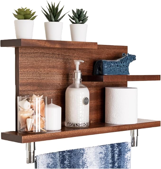 Straga Rustic Wall Mounted Bathroom Shelves - 23" Hardwood Shelf Organizers with 18" Towels Holder - A Modern Addition To Your Bathroom, Powder Room, Guest Bathroom and More (Mahogany)
