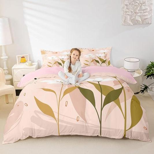 Boho Minimalist Comforter Cover Hippie Abstract Art Bed Set, Botanical Plants Duvet Cover King Size White Flower Floral Bedding Sets Modern Mid Century Bedspread Cover Girly Pink Room Decor