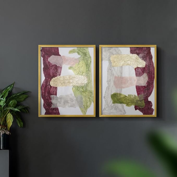 Renditions Gallery Set of 2 Peel & Stick Framed Prints, Abstract Wall Art, Mix Color Dyed Textures Wall Decor, Re-Stickable - Ready to Hang - 22"x28" - GOLD Frame LT588