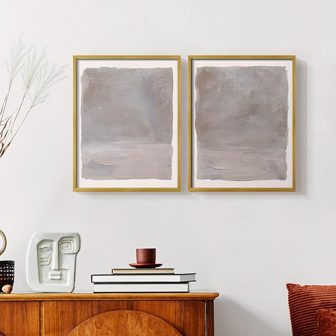 Renditions Gallery Set of 2 Peel & Stick Framed Prints, Watercolor Abstract Wall Art, Neutral Tones Textured Brushstrokes Wall Decor, Re-Stickable - Ready to Hang - 22"x28" - GOLD Frame LT588