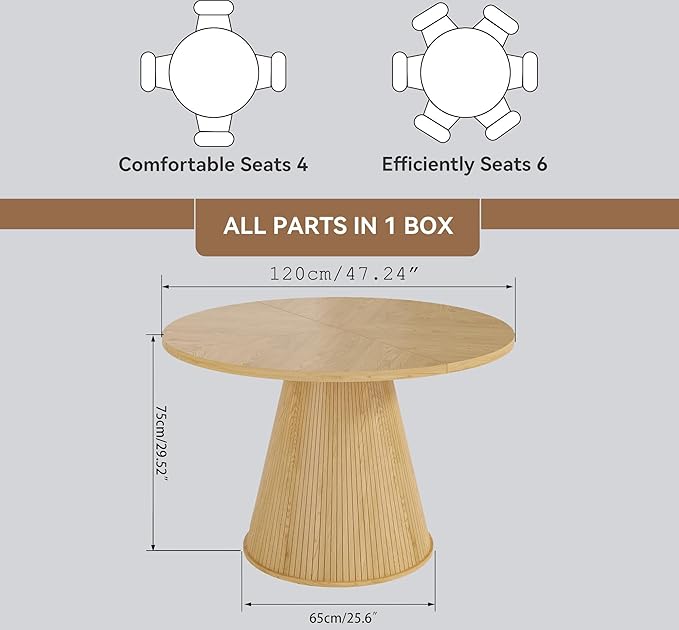 Round Dining Table for 4, Farmhouse Fluted Dining Kitchen Table, 47 Inch Modern Wood Small Circle Dining Table for Kitchen Living Room (Wood, 47inch)