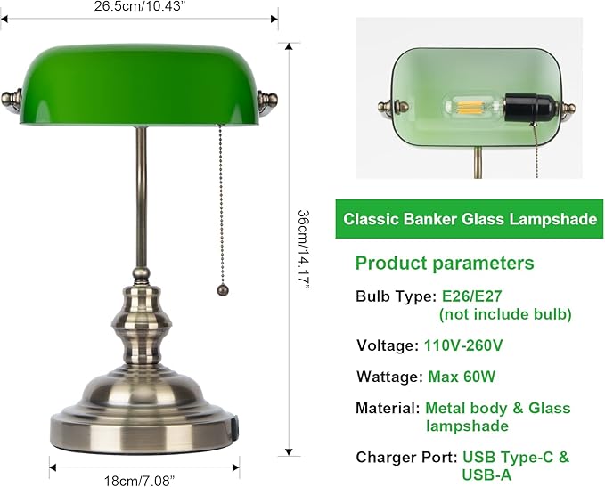 Green Bankers Lamp with Pull Switch, Retro Desk Lamp with USB & Type C Charging Ports, Antique Library Lamp for Home Office, Library, Study Room