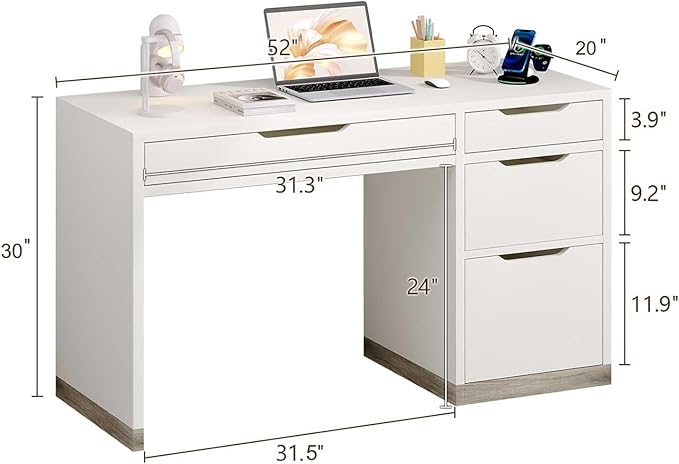 MaverickFurni 52 Inch White Desk with 4 Drawers, Computer Desk with Storage for Small Spaces with Storage File Drawer, Small Home Office Desk with Drawers for Bedroom