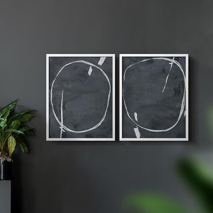 Renditions Gallery Set of 2 Peel & Stick Framed Prints, Abstract Wall Art, Circular Momentum Design Wall Decor, Re-Stickable - Ready to Hang - 11"x14" - White Frame LT588