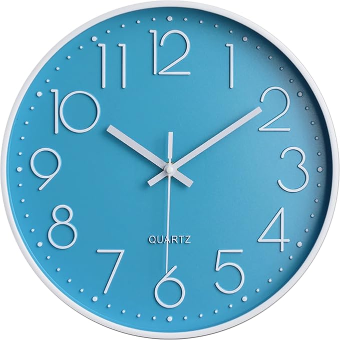 Lake Blue Vintage Style Non-Ticking Wall Clock, Battery Operated Quartz Analog Silent Movement, Large Decorative 12 Inch Clock with Arabic Numerals