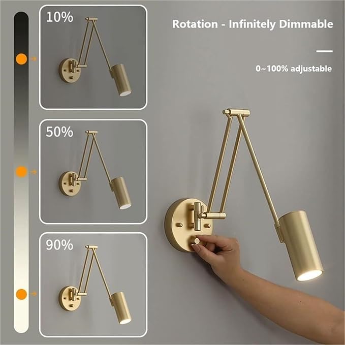 Dimmable Swing Arm Wall Sconce Retro Modern Iron Lamp with Rotatable Folding Long Reading for Indoor Bedroom Study Office